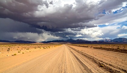 A straight dirt road stretches into the distance under a dramatically cloudy sky, with mountains