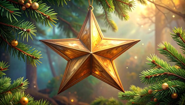 Golden star ornament amidst lush evergreen branches, with a dreamy forest backdrop, exuding festive warmth