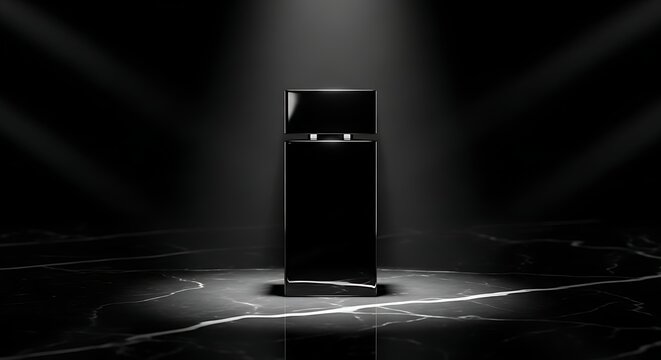 Elegant black perfume bottle stands in the spotlight on a marble surface