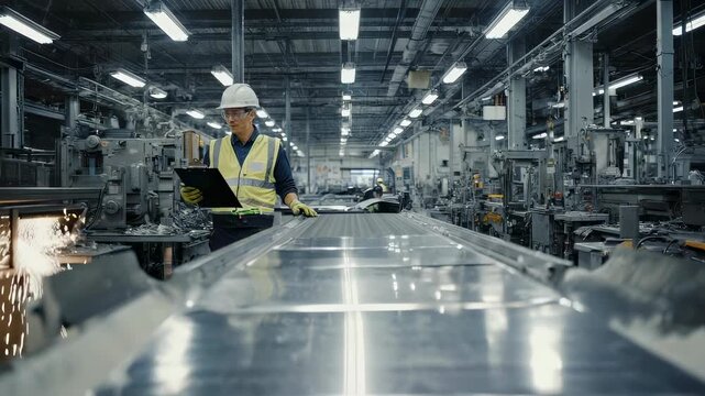 Industrial Worker in Factory Wearing Safety Gear and Using Digital Tablet for Quality Control