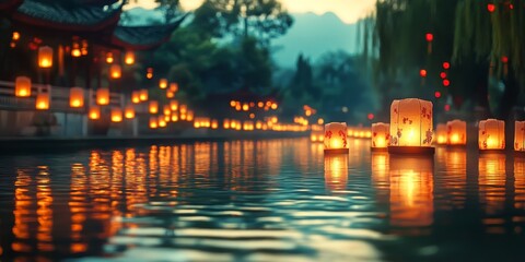Brightly glowing lanterns float on water, celebrating Xia Yuan Festival during a calm evening atmosphere