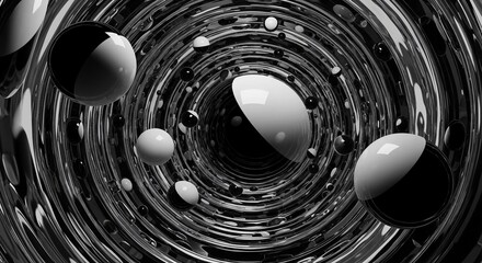 A mesmerizing grayscale abstract art piece featuring a tunnellike structure with concentric circles, adorned with floating spheres of varying sizes, creating a captivating visual depth and a sense of 