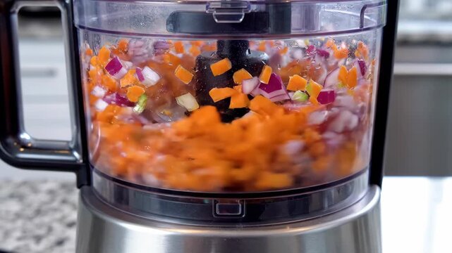 Food processor bowl containing chopped carrots and red onion pieces ready for processing