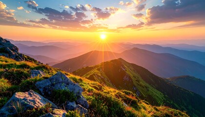 Sunset over mountains. Rocky foreground, layered peaks receding into hazy blues. Golden light bursts through cloud cover