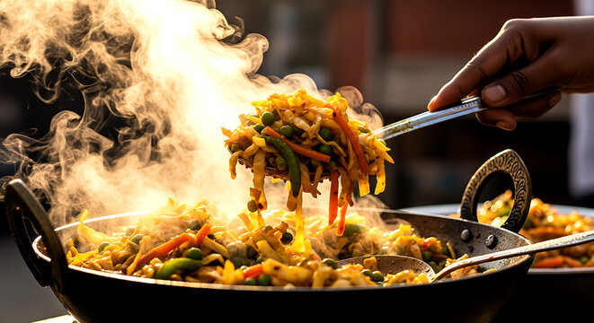 Vibrant and colorful street food style of Indian patta gobhi ki sabzi being scooped from karahi, spiced cabbage with peas, carrots, steam rising dramatically 
