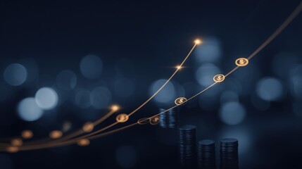 Graph featuring coins overlaid for corporate financial analytics roadmap icon concept in modern business strategy