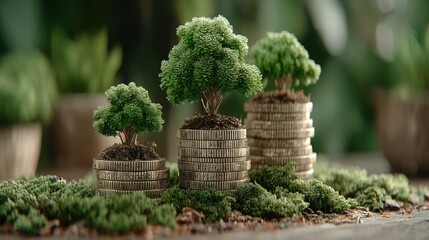 Miniature tree growing out of coins for corporate financial growth framework roadmap icon concept and investment vision