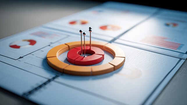 Red pin placed on a blue board symbolizing strategic positioning and performance analysis in financial roadmap concept