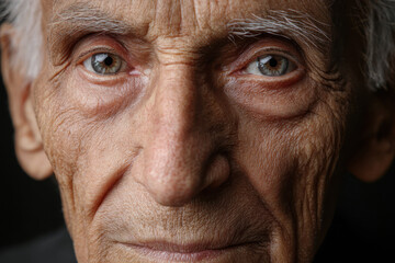 Elderly man with striking eyes and deep wrinkles captured in soft light