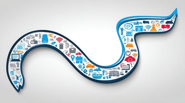 Curved arrow with icons representing the concept of business process in corporate future strategy roadmap