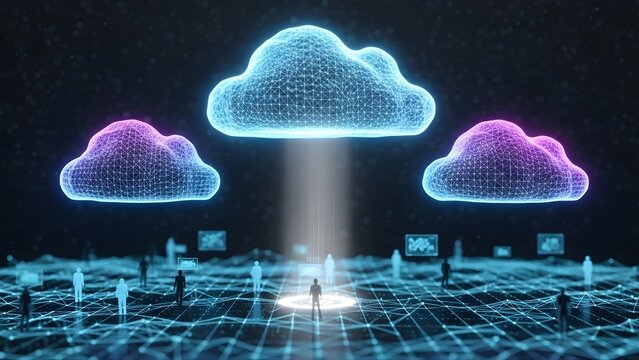 Digital cloud computing network with glowing data streams and a central figure - Powered by Adobe