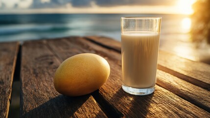 A refreshing scene of a ripe mango and a glass of milk at sunset on a wooden table, evoking relaxation.