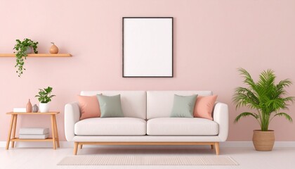Fototapeta premium Modern and colorful interior of living room with design boucle sofa, mock up poster, shelf, plants, decorations and personal stuff. Home decor