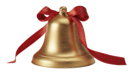 Golden Christmas bell with red satin bow, realistic holiday ornament on transparent background