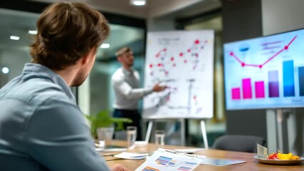 Defocused faceless economist in the foreground reviewing blurred financial charts while messy equations on the whiteboard are in sharp focus, conference room mood, with copy space - Powered by Adobe