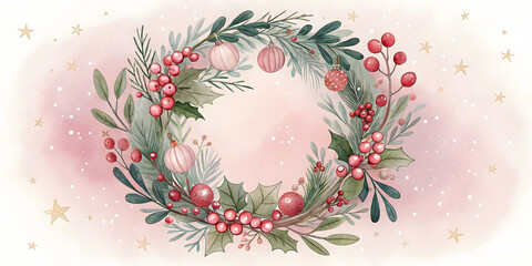 Watercolor Holiday Wreath Illustration – Pine, Holly & Ornaments on Snowy Pink Background with Golden Stars