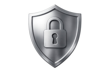 Silver metallic shield with padlock icon representing data protection, cyber security, online safety, and digital privacy