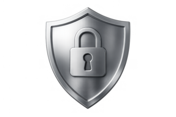 Silver metallic shield with padlock icon representing data protection, cyber security, online safety, and digital privacy