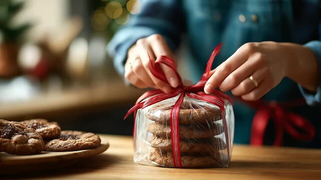 Hands tying ribbon around stack of cookies wrapped in cellophane Christmas gift packaging holiday treat presentation festive ribbon bow homemade gifts wrapping supplies