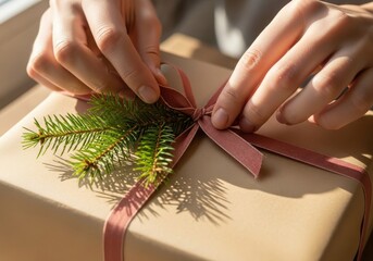 Closeup of hands decorating wrapped present with spruce twig and simple ribbon bow
