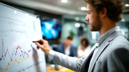 Defocused faceless economist in the foreground reviewing blurred financial charts while messy equations on the whiteboard are in sharp focus, conference room mood, with copy space - Powered by Adobe