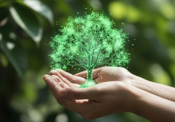 Glowing green tree growing in open hands isolated on white background