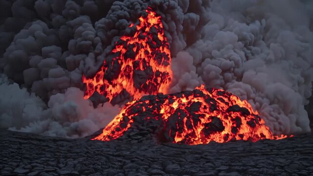 Explosive lava fountains erupt from crater, sending fire and rock into sky. Dense black smoke billows upward. Fiery lava ash cloud volcanic eruption glowing magma heat, natural fury, pyroclastic surge
