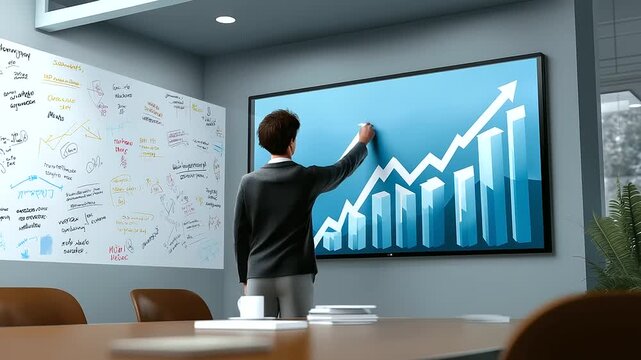 Faceless economist pointing at inconsistent bar charts on a wall screen, whiteboard behind filled with revisions and mistakes, minimalistic meeting room environment, with copy spac