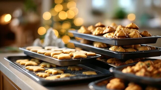 Multiple cookie sheets with different Christmas shapes baking simultaneously holiday baking production oven view various festive forms efficient baking kitchen environment def