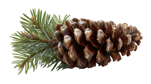Pine cone and fir sprig with light frost, realistic winter arrangement on transparent background - Powered by Adobe