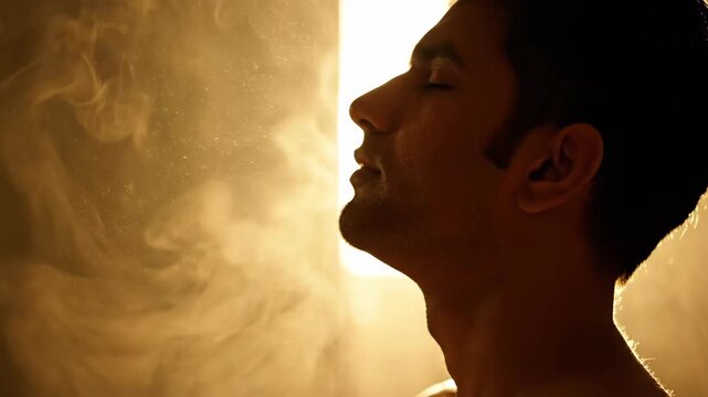 Man's profile illuminated by warm light amidst swirling vapor
