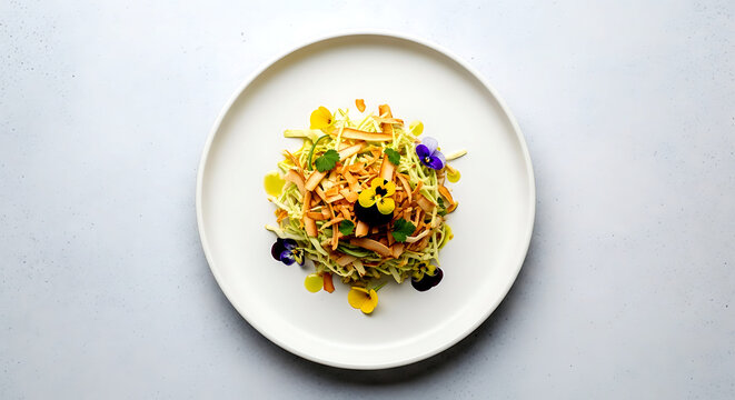 Minimalist flat lay, Thai yum pak kad salad with shredded cabbage, roasted coconut, and lime dressing, arranged on a white ceramic plate with edible flowers 