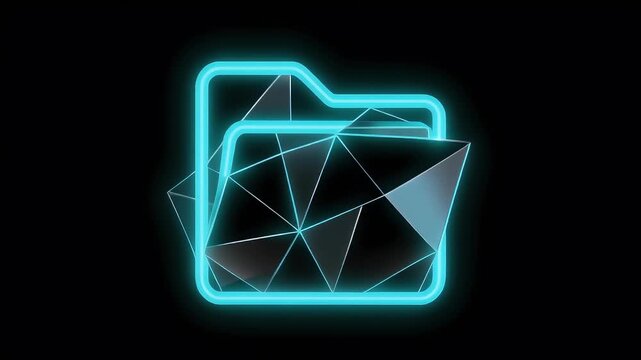 Abstract digital folder icon glowing on black background for technology concept