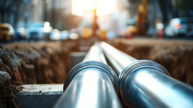 Overhead view of parallel pipes in concrete lined trench urban pipeline construction municipal infrastructure water or heating pipes construction zone city street excavation