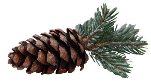 Pine cone and fir sprig with light frost, realistic winter arrangement on transparent background