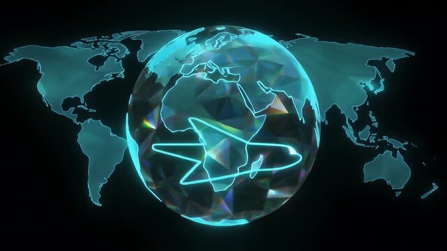 Abstract digital globe with animated airplane and world map