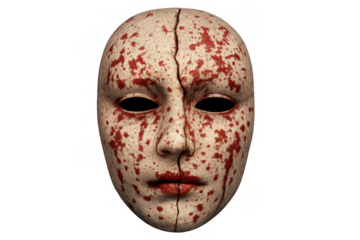 Bloody cracked halloween mask portraying horror and fear for slasher, thriller, and scary movie concepts, transparent background