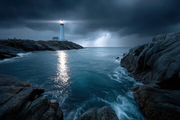 Lighthouse Shining Brightly During Stormy Night at Sea