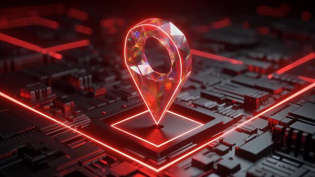 Abstract digital location marker glowing on a technology circuit board