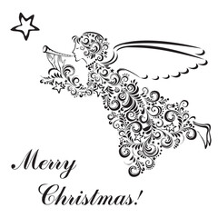 Fototapeta premium Vintage card with Angel and Christmas star isolated on White background. Vector illustration