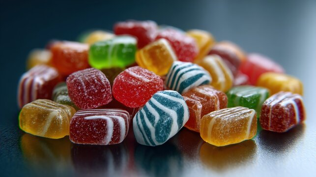 Colorful assorted candies creating a vibrant and playful display on a reflective surface.