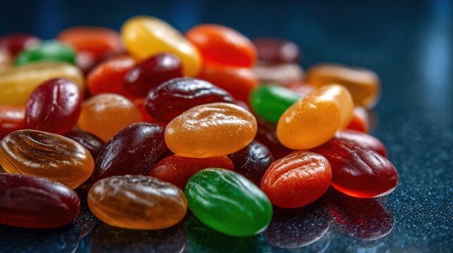 Colorful assortment of jelly beans arranged beautifully on a reflective surface.