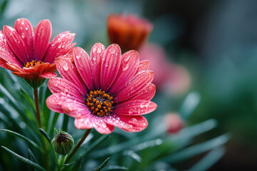 Closeup of pink daisy flowers with water droplets