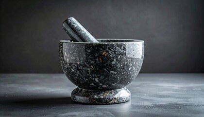 Black granite mortar and pestle on dark surface.