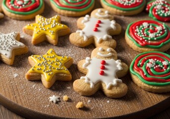 Closeup of Christmas cookies decorated with icing and sprinkles