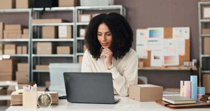 Logistics, thinking and business woman on laptop for online orders, distribution and supply chain. Startup, planning and person on computer for shipping service, delivery and inventory on website