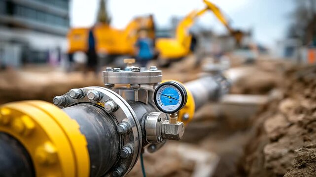 Pipeline testing equipment connected to installed section pressure testing quality assurance infrastructure hydrostatic test setup gauges visible construction site defocused