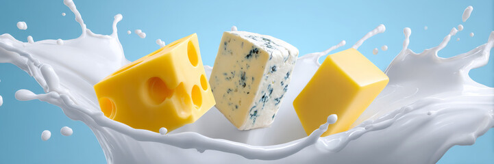 Three types of cheese, including yellow cheddar, blue cheese, and Swiss, splashing in creamy milk against a vibrant blue background, showcasing dairy freshness and culinary delight