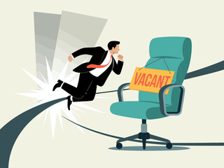 This dynamic image portrays a businessman in a suit running towards an office chair with a 'Vacant' sign, symbolizing urgency and opportunity in the job market.