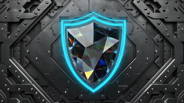 Abstract digital shield with illuminated border and gemstone core